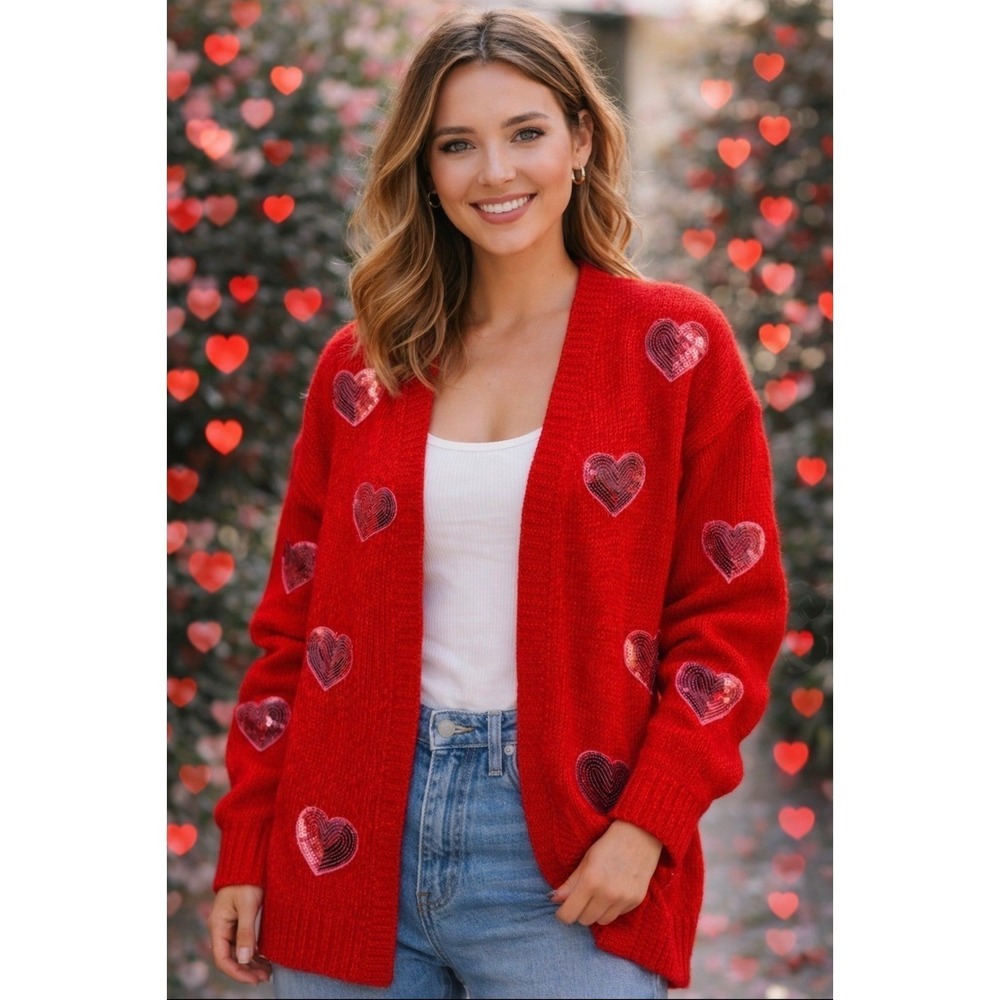 BLAKELEY Red Sequin Heart Cardigan Sweater‎ Cozy, Oversized, NWT's,